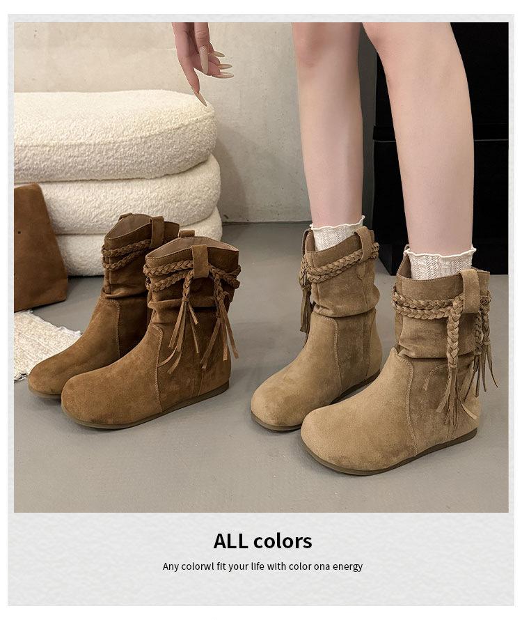 Autumn and Winter New Retro Strap Fringed Short Boots Martin Boots Women's 2025 Korean Version Korean Version Popular Casual Knight Boots