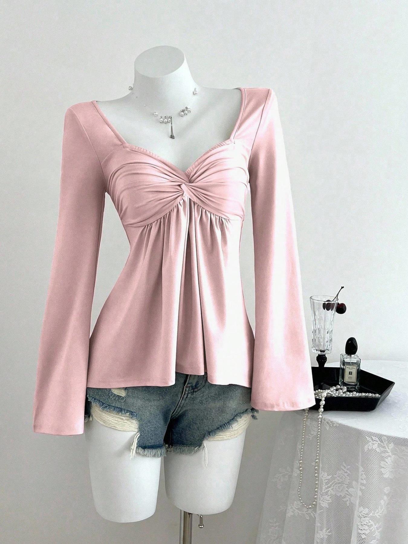 

Elegant V-neck Long Sleeve Pleated Women s Casual T-shirt for Autumn/Winter S рожевий