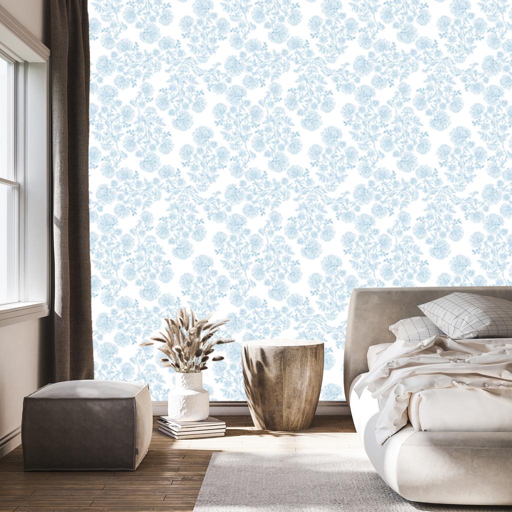 Wallpaper Flowers White and Azure, Subtle Detail for Living Room and Bedroom 50x1000
