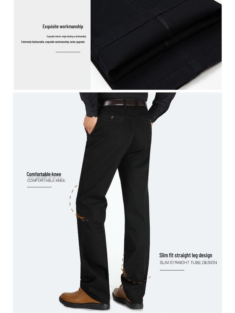Men's Cotton Casual Pants - Autumn/Winter, Loose Fit, High Waist, Straight Leg, Middle-Aged To Elderly