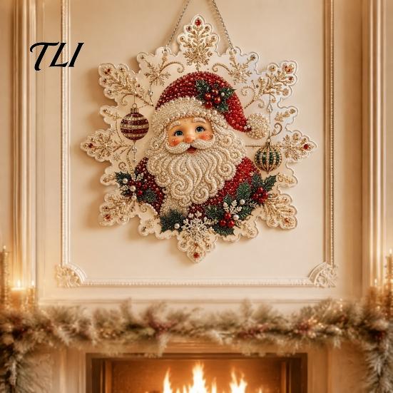 Handmade Christmas Tree Decor Faux Pearl Painting Suncatcher Kit, Acrylic Snowflake Shaped Board with Lace Crystal Beading Craft Set Edge, 3D Gemstone
