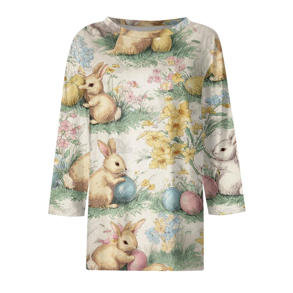 Women's Fashionable Casual Three-quarter Sleeve Easter Print Round Neck Pullover Top