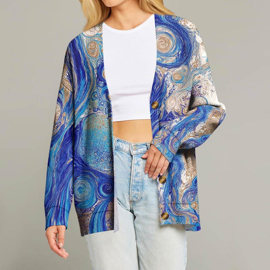 Dame Mote Langermet Juleprint V-Hals Knapper Løs Cardigan Topp