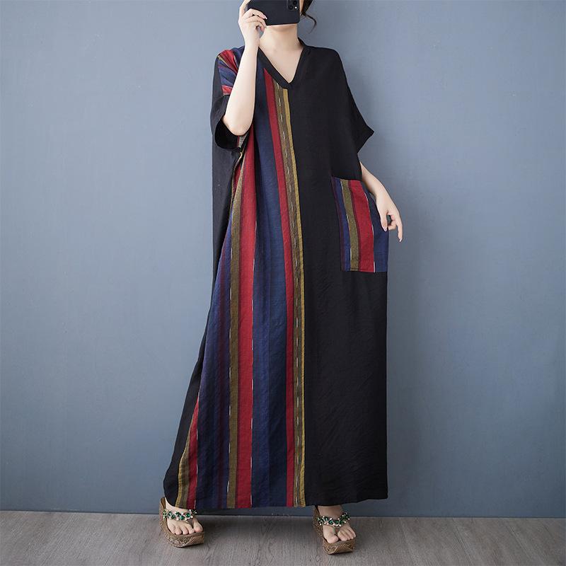 Sommer Fett Mm Dünn Baumwolle Leinen Schlankmachend V-Ausschnitt Kurzarm Kontrastierende Spleißung Mittellanges Kleid für Damen Kleider