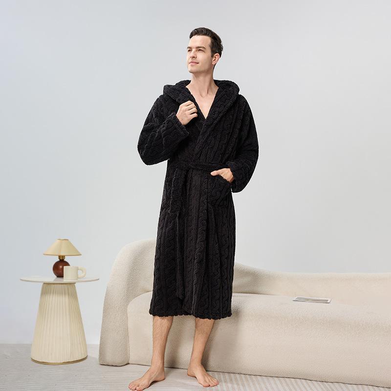Men's Winter Hooded Robe Plush Long Bath Robes with Hood Cozy Warm Bathrobe Fuzzy Spa Robe With Pockets House Coat Fluffy Fleece Robes for Men