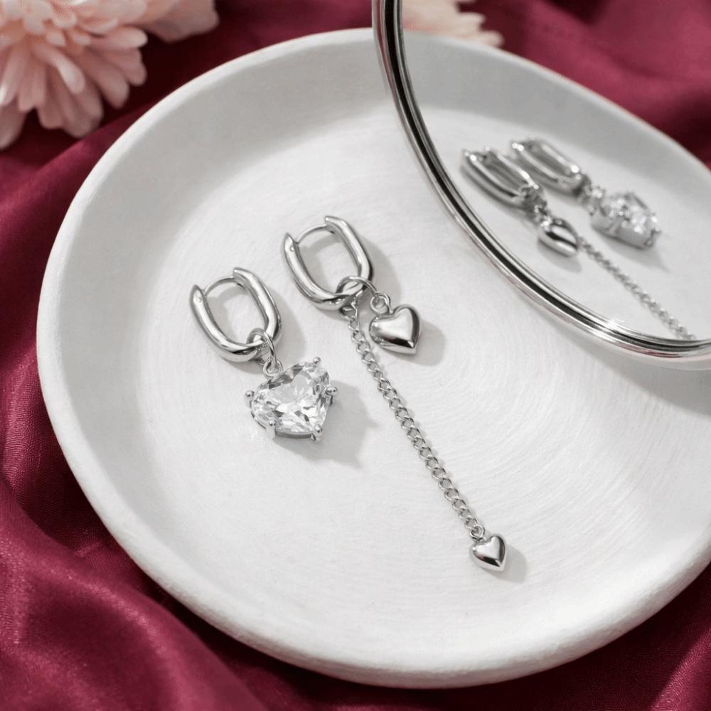 Tassel Design Asymmetric earrings Y2K Crystal Heart Earrings Long Pendant Earrings  Daily Wear