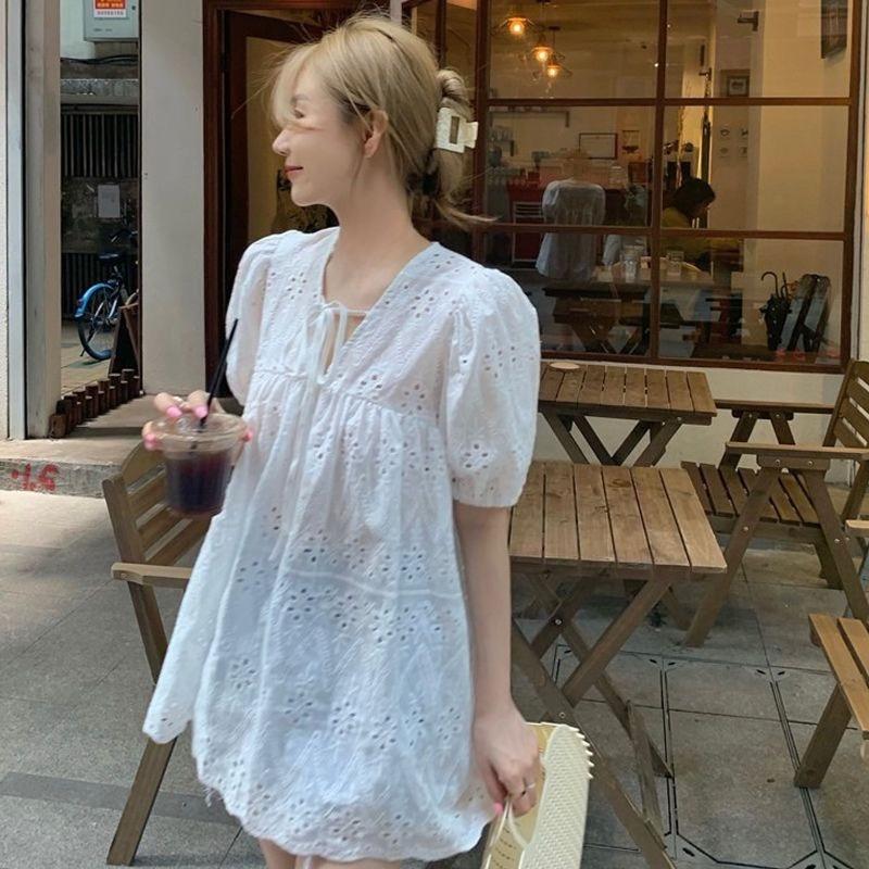 Ladies  Solid Color Hollow Out Shirt Women s V-neck Lace Up Puff Sleeve Blouse Summer New Korean Version Versatile Top S белый