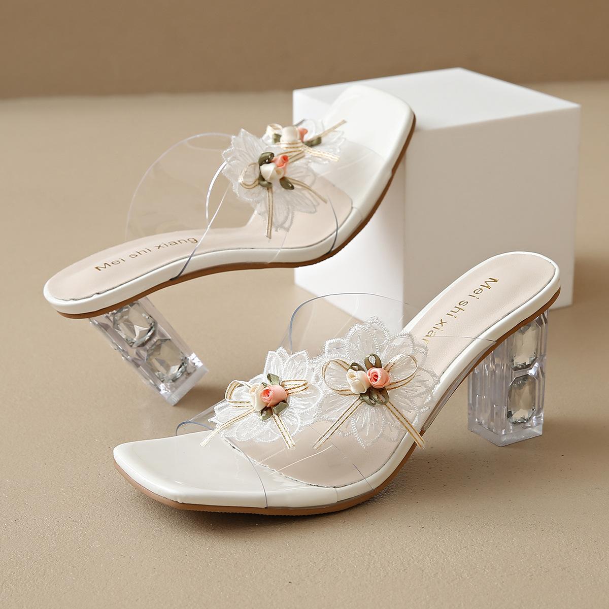 

Fashion Transparent Thick Heel Women s Summer Slippers 2025 New Outdoor Wear Crystal Sandals Floral French Style High Heels Party Shoes 41