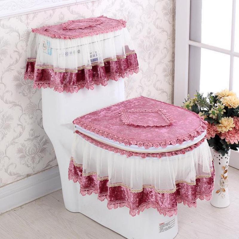 Universal European Style Double-Sided Toilet Seat Cover Set with Zippered Lace Fabric - All Seasons, Three-Piece Set.