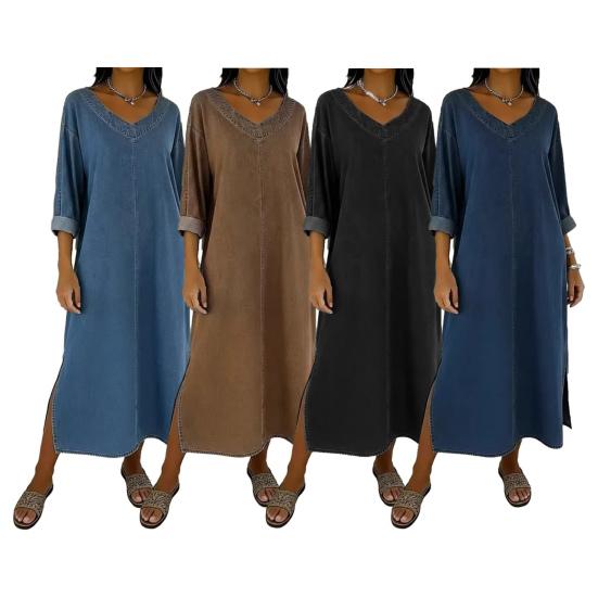 Women's Faux Denim Maxi Dress V Neck 46085 Sleeve Loose Long Dress