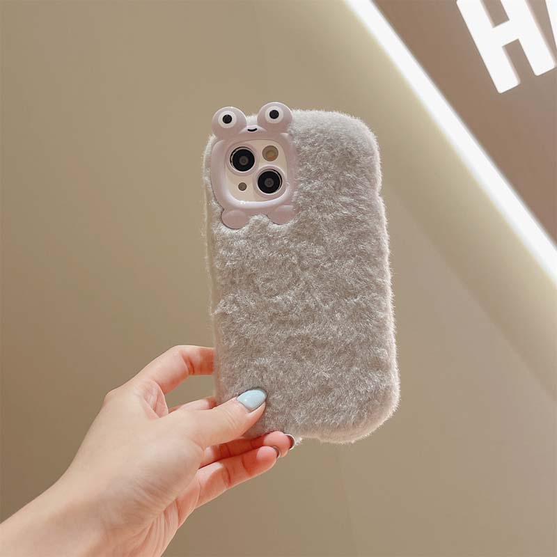Cute Frog Eyes Design Autumn and Winter Long Plush TPU Mobile Phone Cover Case for Iphone 11 12 13 14 15 16 Pro Max