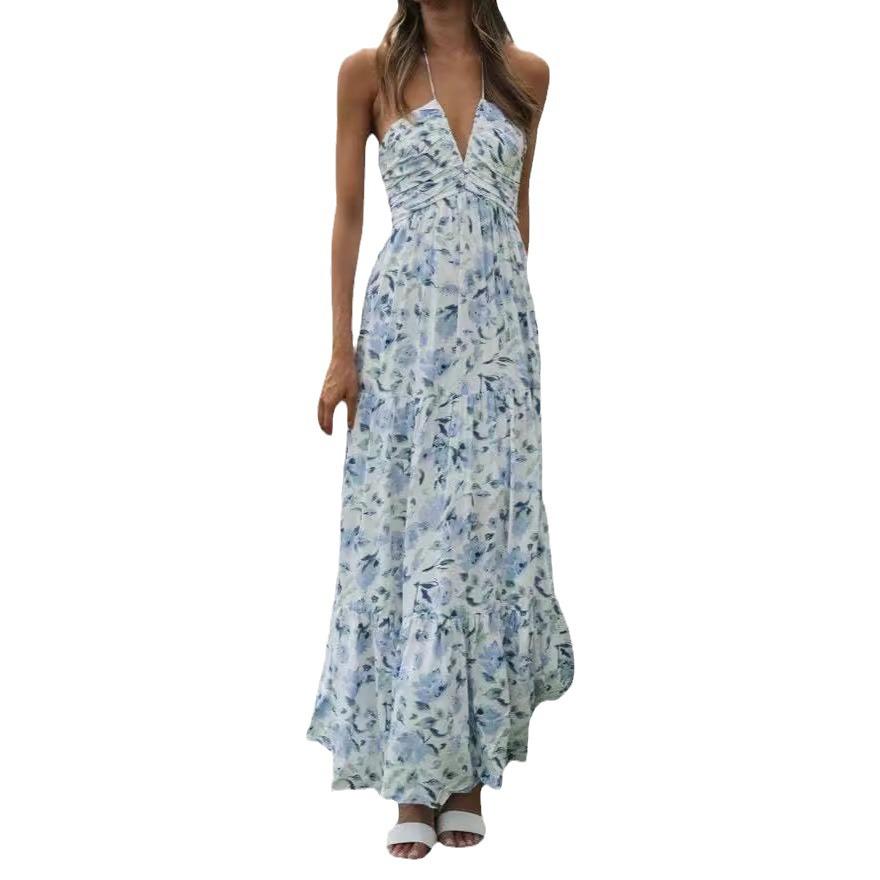 2024 Women's V-neck Print Sleeveless Tie-up Maxi Dress