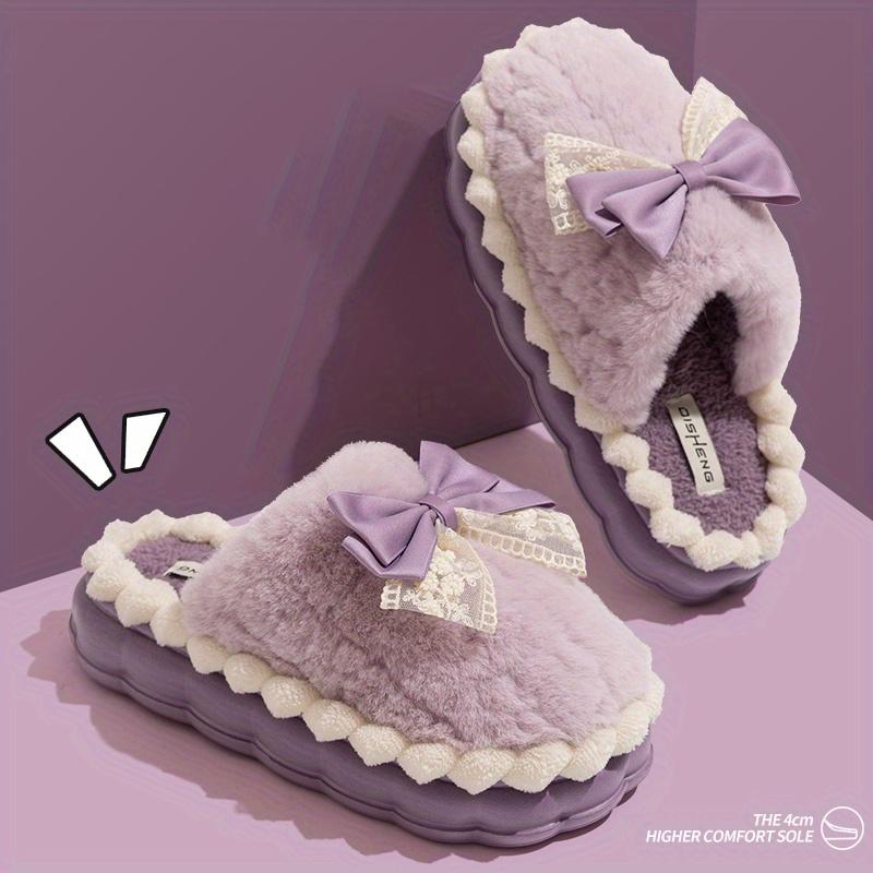 Women's Plush Slip-On Moccasin House Shoes, Cozy Thick Plush Lining with Bow Accent & Soft Fabric Upper, Non-Slip Indoor/Outdoor Winter Slippers