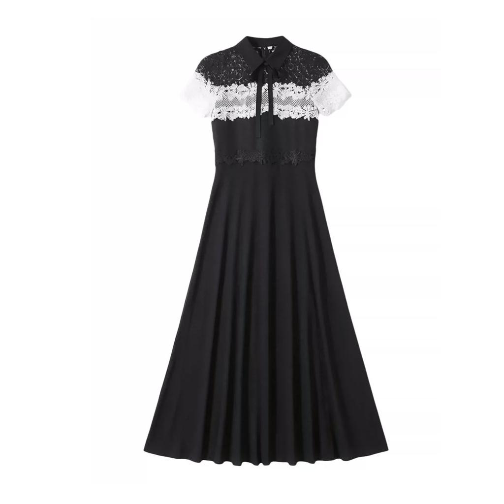 Summer New Arrival Black White Lace Chiffon Patchwork Slim-Fit Long Dress for Women Fashionable Short Sleeve Pleated Midi Dress