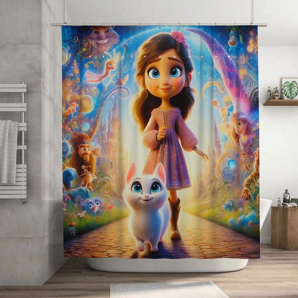 Magical Princess and Cat Shower Curtain | Fantasy Kids' Bathroom Decor