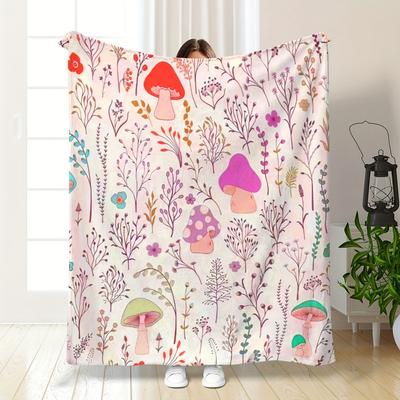 Cozy Cartoon Mushroom Print Flannel Printed Blanket Suitable for All Seasons Suitable for Living Room Office Sofa and Travel