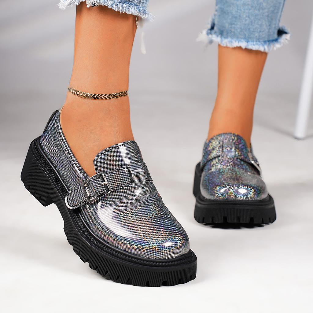 fashion 2024 Spring Fashion Laser Loafers for Women Platform Metal Buckle Flat Shoes Woman Round Toe Slip On Casual Shoes Zapatas Mujer