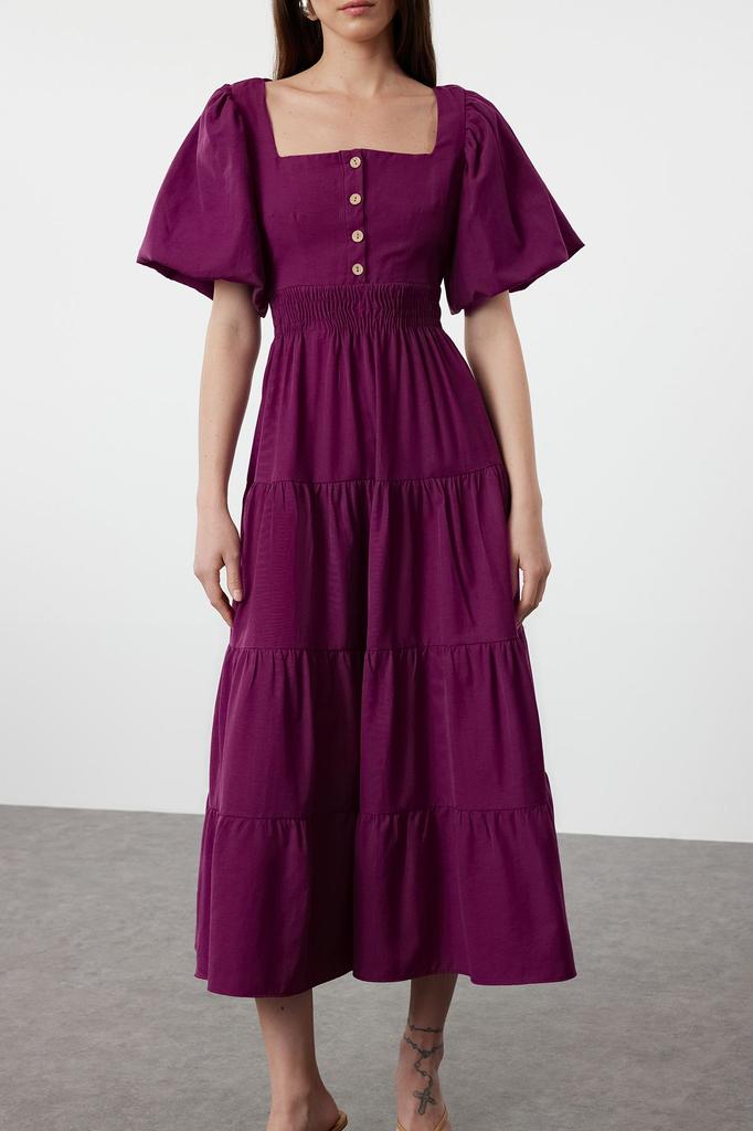Women's Style Dress Pink Square Neck Maxi Woven Dress with Opening Waist and Back Detail