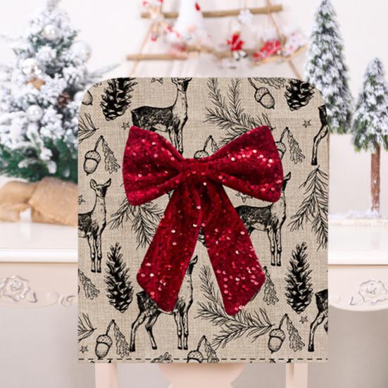Christmas Chair Cover with Bowknot Decorative Winter Chair Back Cover Deer Print Festive Holiday Home
