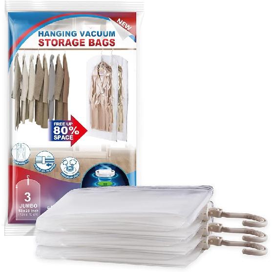 Hanging Vacuum Storage Bags, 6 Pack Large Hanging Vacuum Seal Garment Bags for Clothing, Space Saver for Clothes, Suits, Dresses, Jackets, Clothing 3-Long