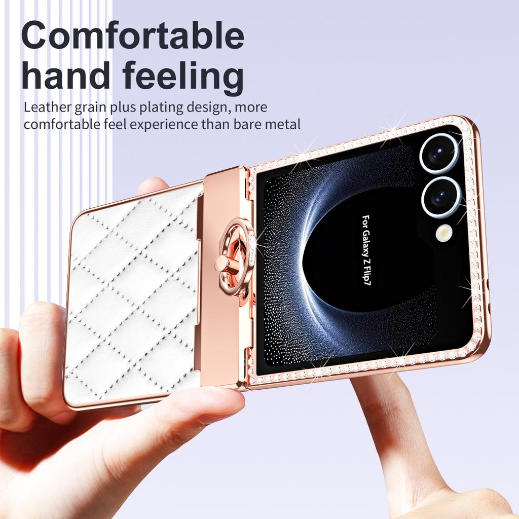For Samsung Galaxy Z Flip 7 Electroplated Leather Textured Glitter Diamond with Ring Hanging Anti-Fingerprint Phone Case