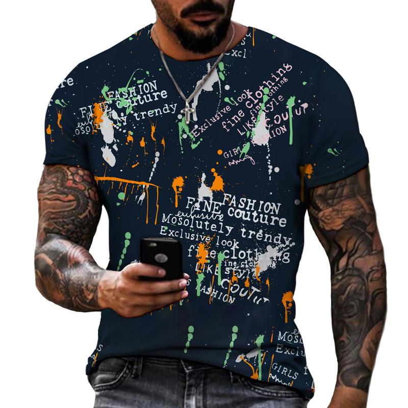 New Design Men's T-shirt Iron Chain Black and White Colorful Painting Style Short Sleeve T-shirt High Quality Fat