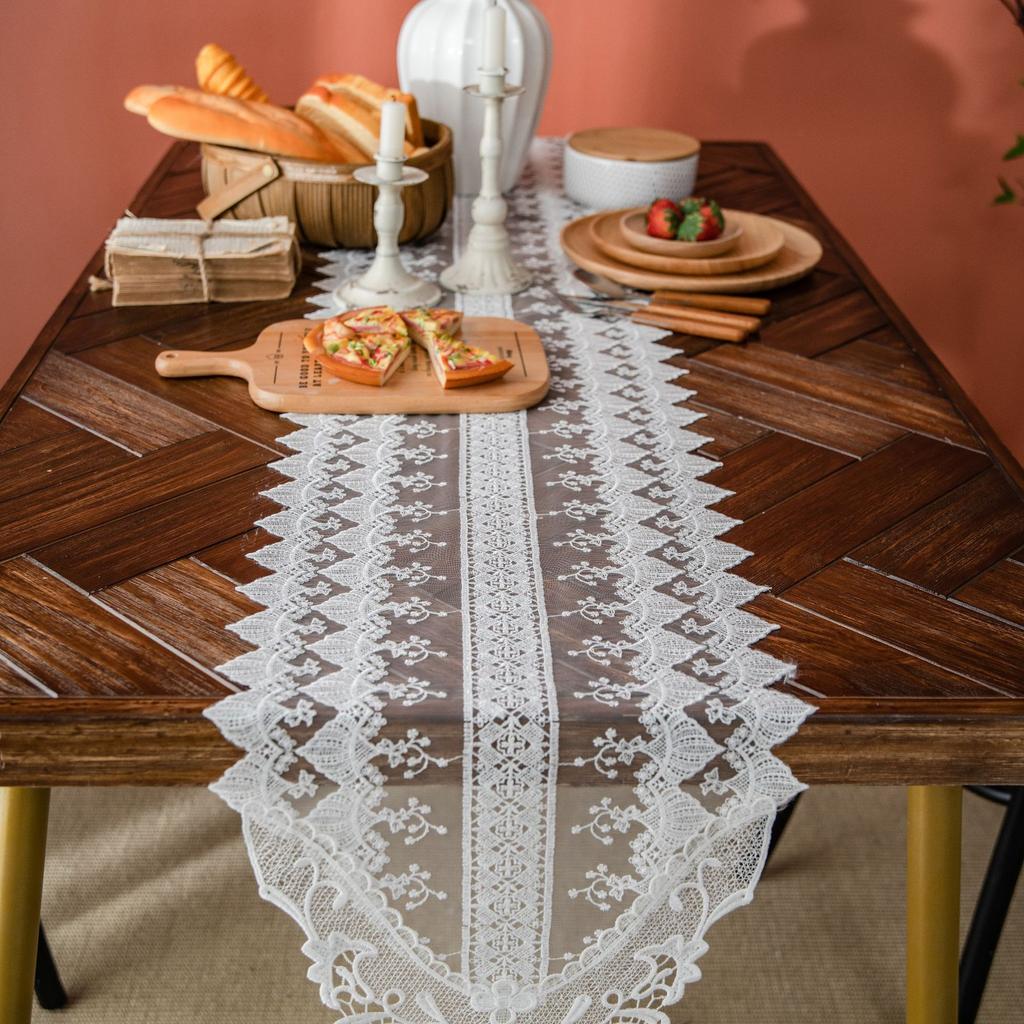 Lace White Table Flag Table Decoration Tea Table Long Embroidered Princess Style Shoe Cabinet Hollowed Out Table Flag