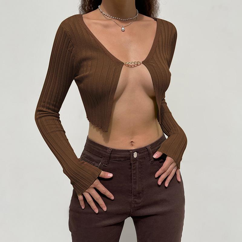 Knitted Cropped Sweaters Women Chain V Neck Long Sleeve Cardigan Tops Pullovers Oversized Clothes Solid S-L