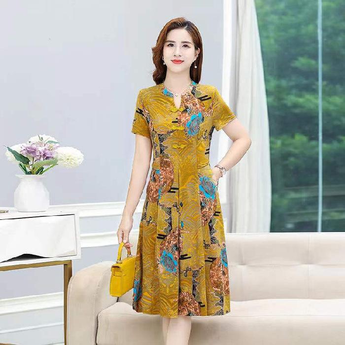 Solid Coloured Spring Summer Plus Size Women's  Medium Length Short Sleeved Retro Cheongsam Thin V Neck Dresses