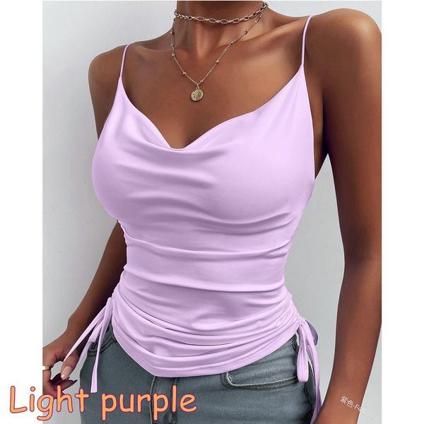 

Летняя мода для женщин с v-образным вырезом на тонких бретельках, камзол, жилет на бретельках, футболка на шнуровке, топ, свободные блузки без рукавов, тонкая рубашка, укороченный топ XXL светло-фиолетовый