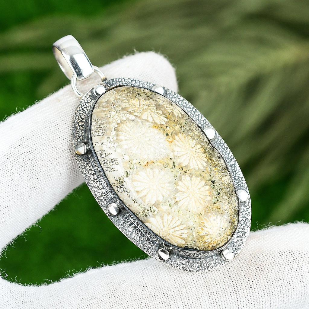 Wedding Gift For Her 925 Sterling Silver Natural Fossil Coral Gemstone Pendant