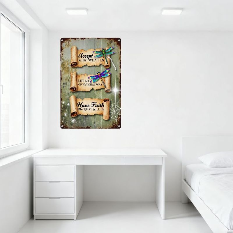 Rustic Vintage Wooden Plank Metal Sign with Dragonflies - 'Accept What Is', 'Let Go Of What Was', 'Have Faith In What Will Be' M