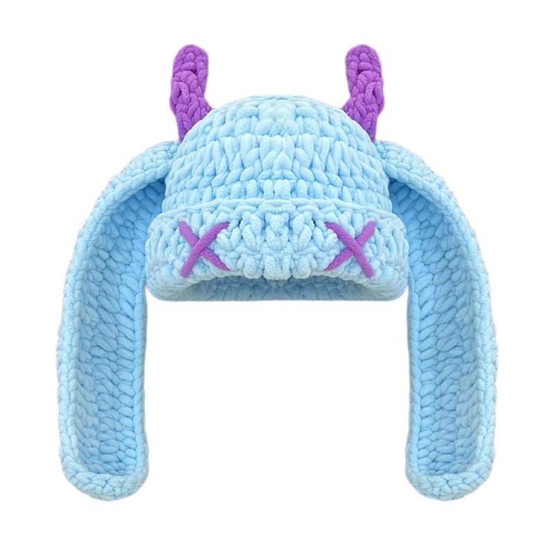 Handmade Crochet Cap with Devil Horn Long Ears Stretchy Pullover Hat Winter Warmth Hat Halloween Cosplay Head Accessory