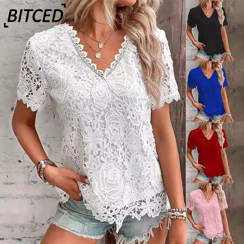 BITCED Women's Fashion Casual Solid Color Print Short Sleeve V Neck Blouses & Shirts