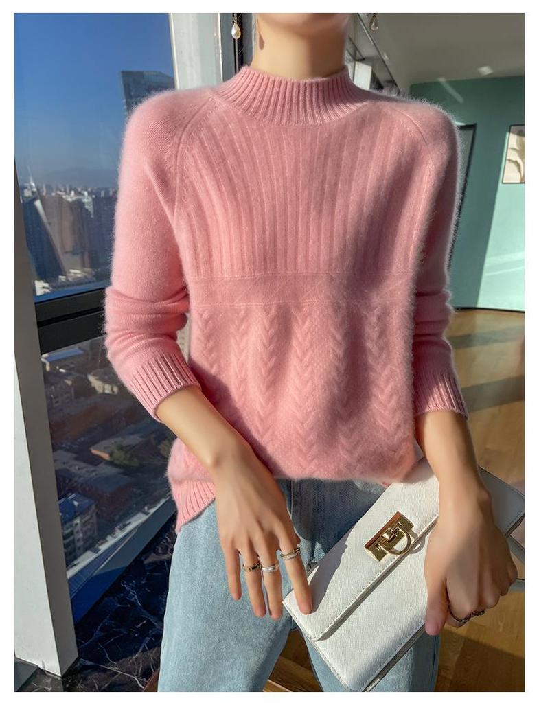 Women's Korean Style Wool Cable Knit Sweater - Thick Half-High Neck Base Layer for Autumn/Winter 2025