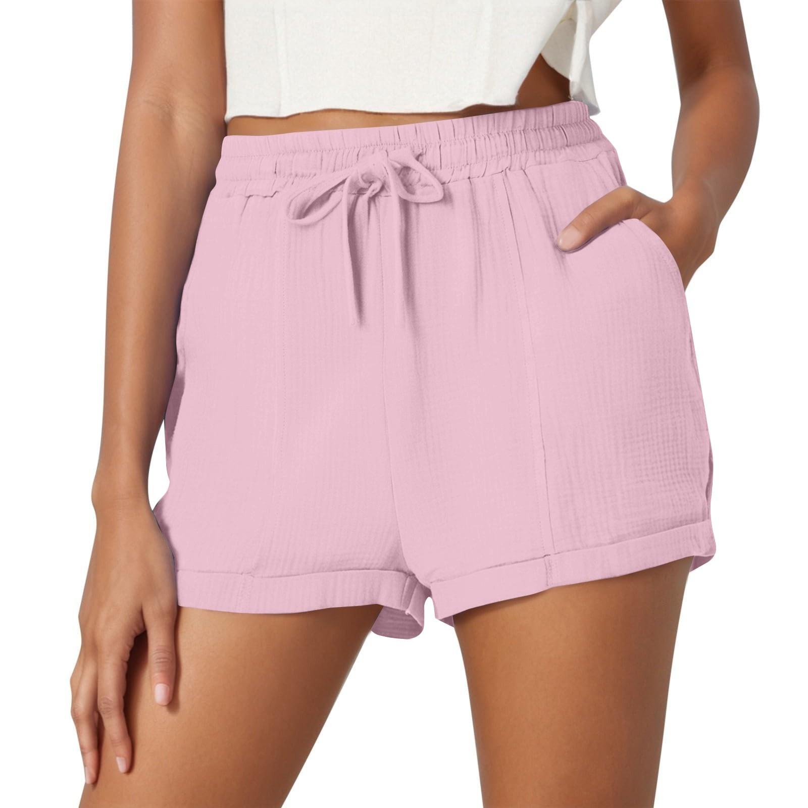 

Женские повседневные летние спортивные шорты, однотонные брюки из хлопка и льна, модные эластичные шорты на шнурке XXL розовый