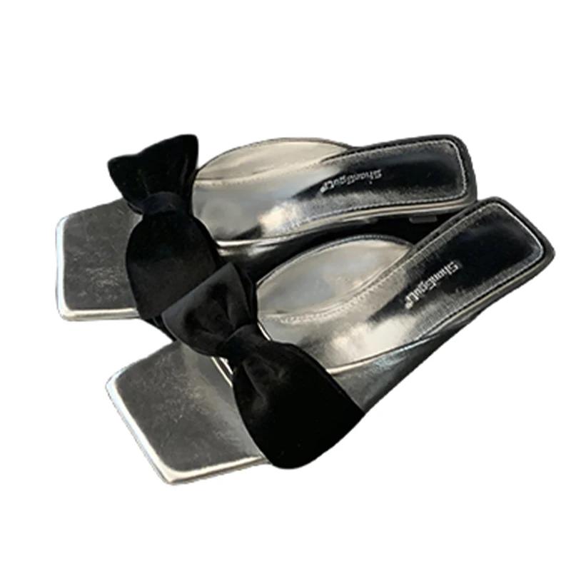 Fashion Bow Women Heeled Slippers Fashion Dress Shoes Summer Luxury Sandals Woman 2025 Beach Flip Flops Party Elegant Chaussure Femme