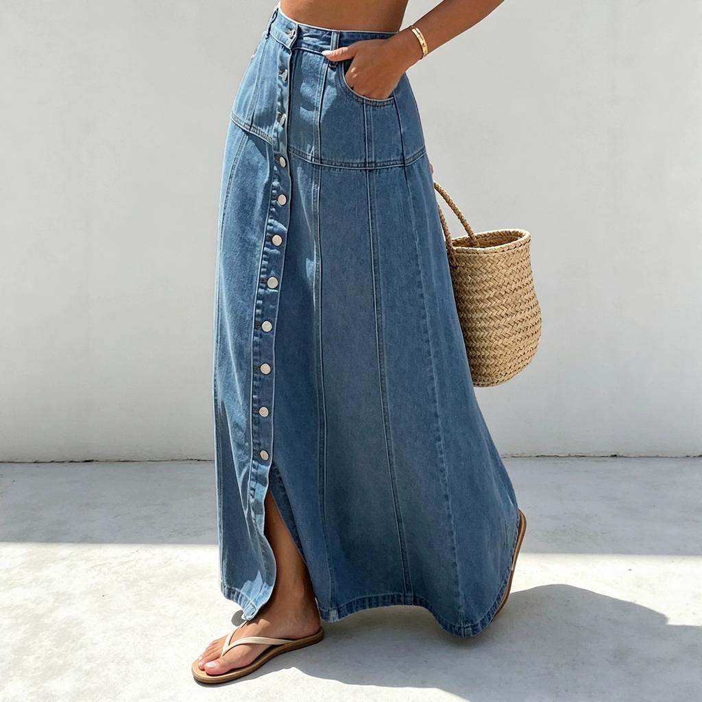 Gonne in Denim da Donna con Bottoni Vintage Svasate Ampie Maxi Gonna in Denim con Tasche Casual Pieghettata Vita Alta