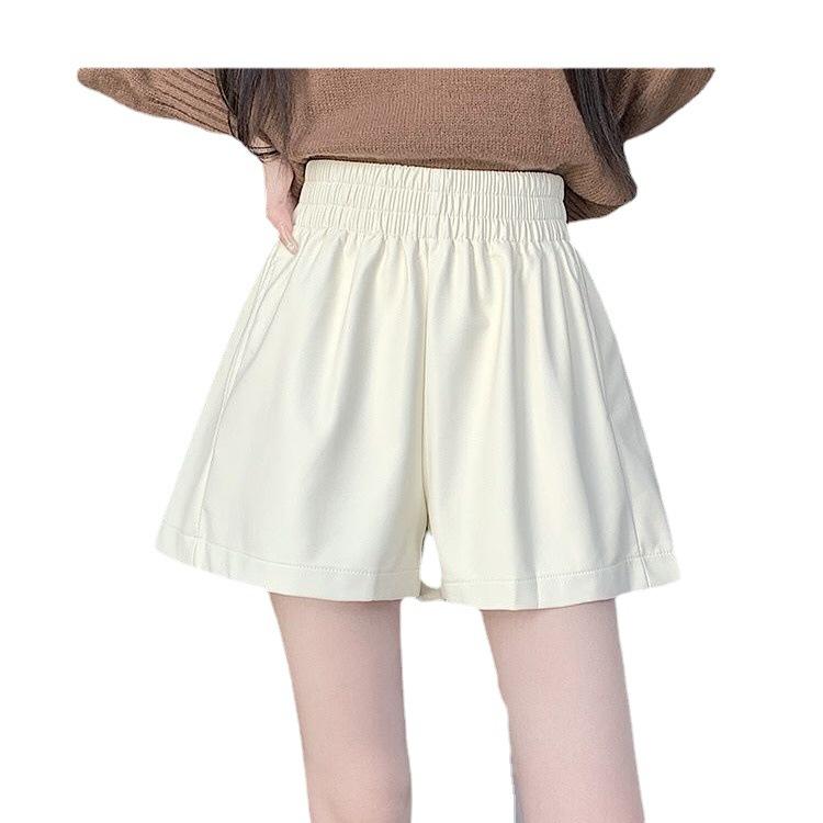 Women's PU Leather Shorts Fall Winter Elastic Waist Mini Pocket Style A-Line Hot Pants Slimming Wide Leg Pants Mini Shorts