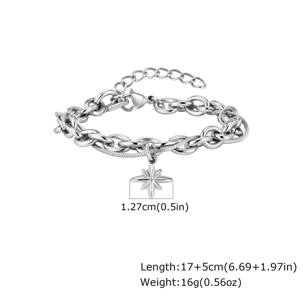 Hiphop Four-point Star Chain Bracelet for Men,Two Layers Stainless Steel Adjustable Chain Link Wristband Gift