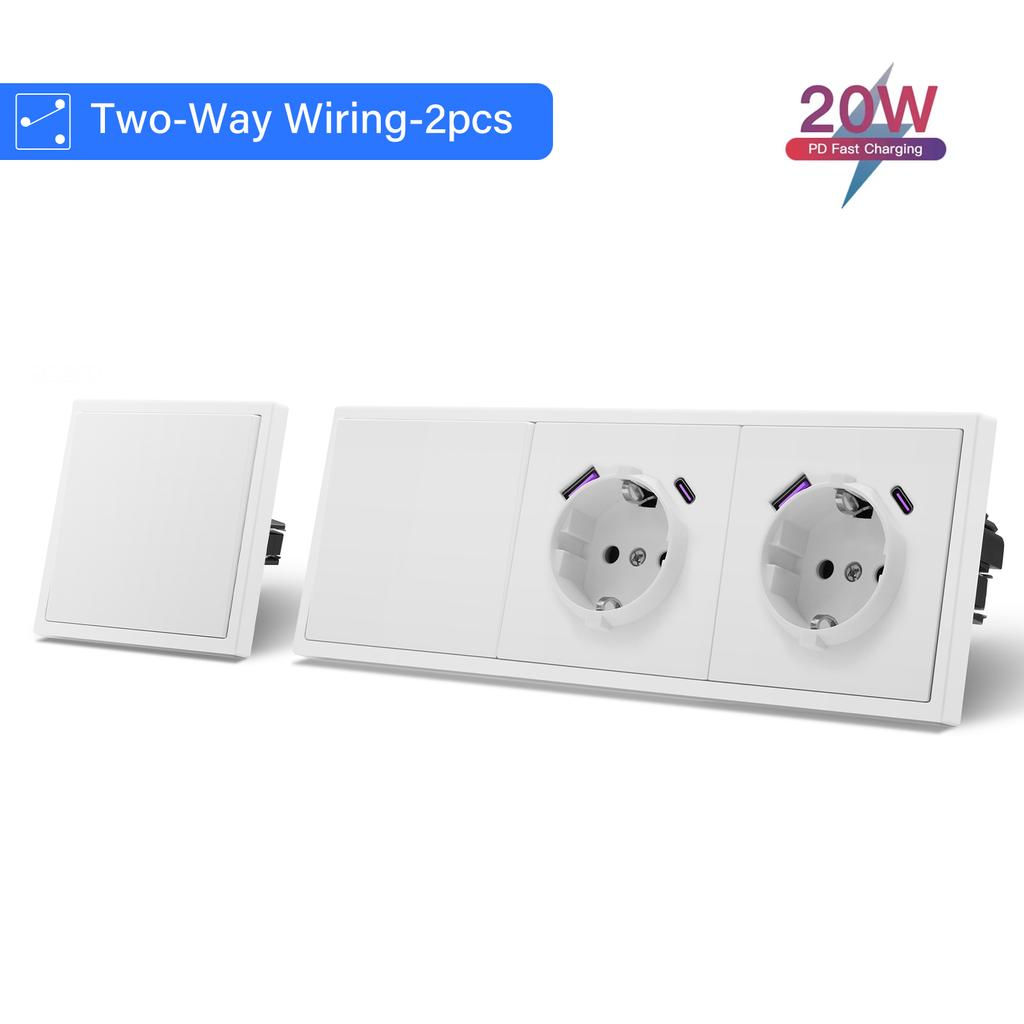 BSEED 1/2Gang Wall Light Switches 2Way Control For Stairs Bedroom With EU Standard Power Socket USB Type-c Plastic Frames 2Pack
