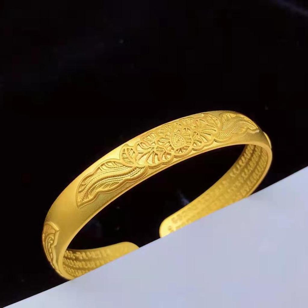 Vintage Dragon Phoenix Gold-Plated Bangle: Vietnamese Sand Gold, Women's Brass Open Bracelet