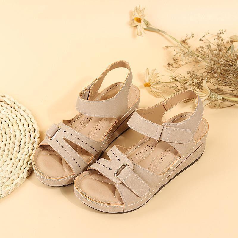 Women's Fashion Trend Wear Comfortable Matching Color Sole Pure Black Shoe Velcro Wedges Heels Designer Sandals