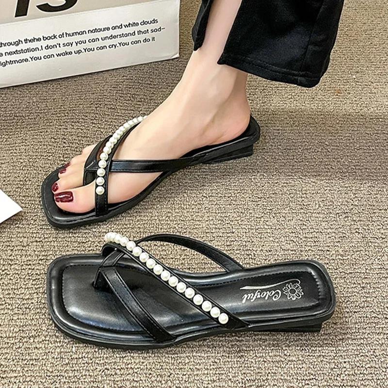 Fashion Pearl Flip Flops for Women Beaded Women Flats Clip Toe Slippers 2024 Summer New Square Toe Slides Cozy Zapatos De Mujer