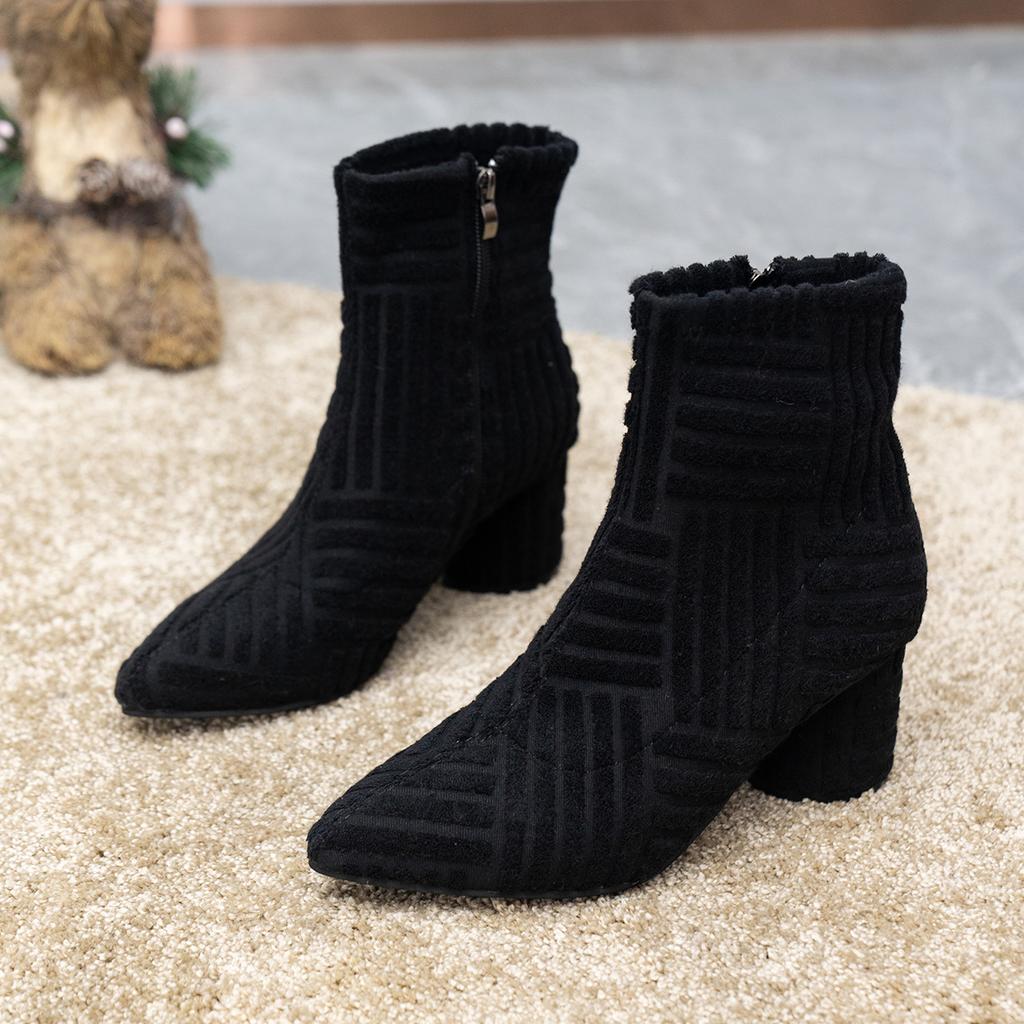 2026 New Women's Pointed High Heel Short Boots Fashionable Suede Coarse Heel Short Leg Boots Pointed To Look Thinner