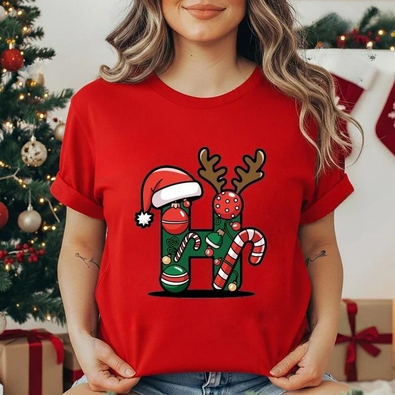 Festive Christmas Alphabet Letter Santa Hat Print Tshirt for Women Fashion T Shirt Streetwear Female Clothes Casual clothing