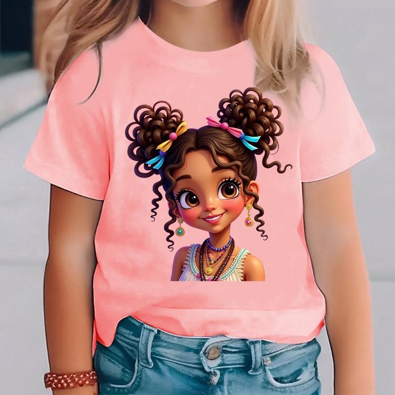 Girls' Short-Sleeve T-Shirt Double Ponytail Girl Cartoon Print Summer Fashion Casual Top with Earrings