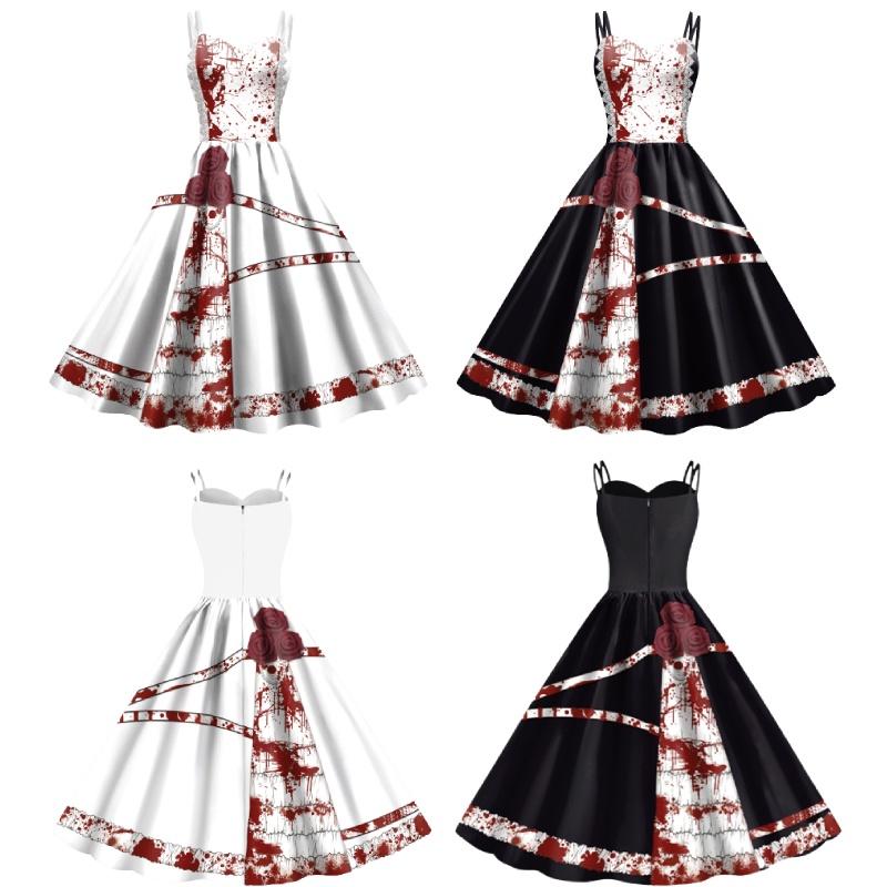 Jialin Halloween Dress For Women Scary Printed Sleeveless Costume Dress Summer)
