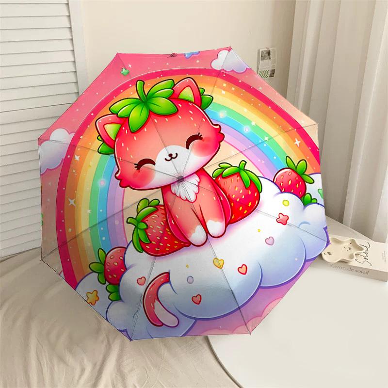 

1PC strawberry cat Automatic Open/Close Umbrella with Windproof, 8-Rib Sturdy Canopy, Durable Ribs, Fashionable Design1399A