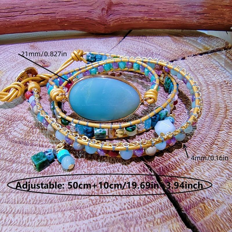 Bohemian Style Natural Amazonite Creative Hand-woven Vintage Bracelet, Three-layer Adjustable Floral Clasp, Suitable for Both Men and Women.